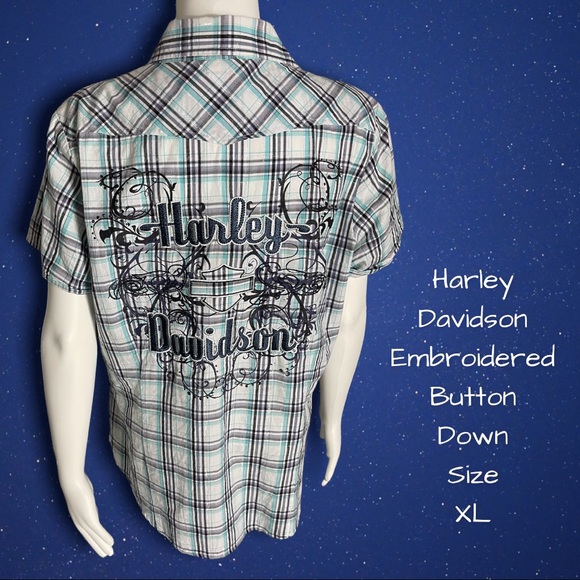 Harley-Davidson Tops - Harley Davidson Embroidered Plaid Button Down Blue White Size Extra Large